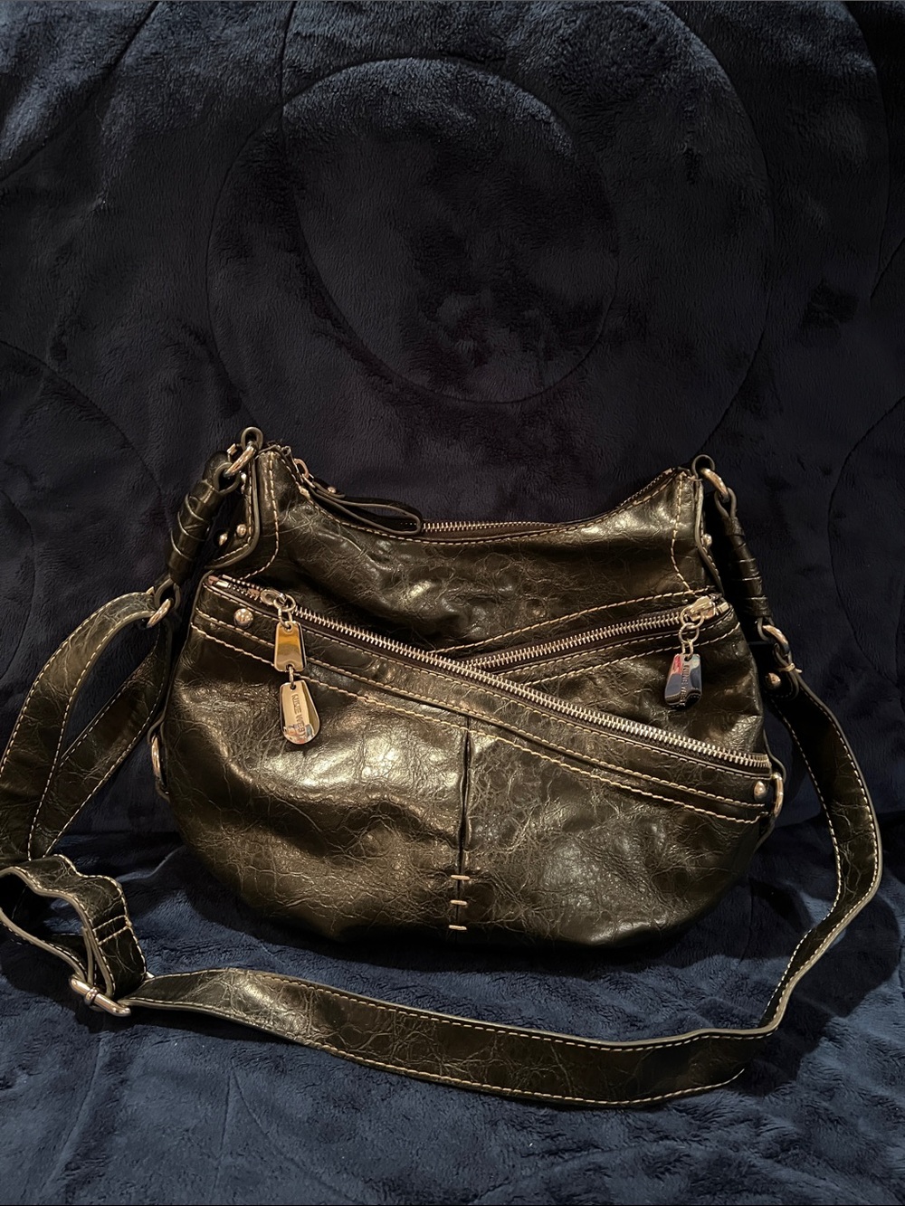 Nine West Black Textured Shoulder Bag with Zipper Accents